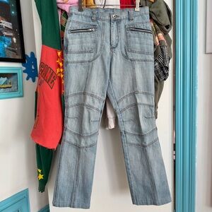 Vintage International Male Jeans Men 30x28 Moto Paneled Flare Zip Blue Denim Y2K